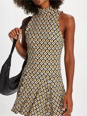 Sleeveless Mock Neck Floral Geometric Mini Dress in Black and Yellow free people